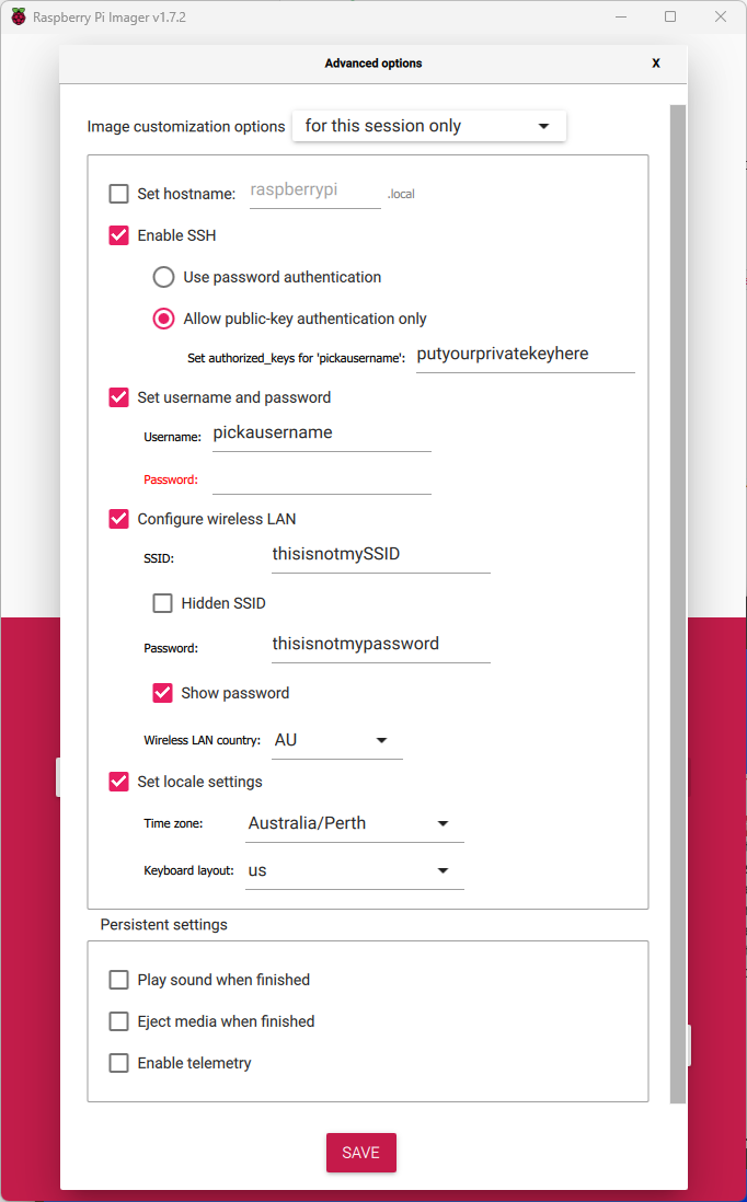 Raspberry Pi Imager options